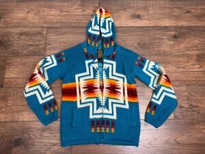 VINTAGE Tejidos Ruminahui Teal Aztec Alpaca Wool Hooded Sweater Jacket S